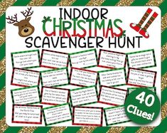 a christmas themed scavenger hunt with reindeers and stockings on the side, in green and gold