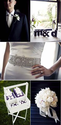 a collage of photos showing different types of wedding flowers and groom's accessories