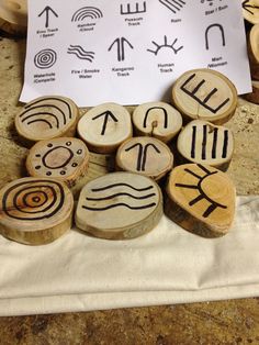 some wood slices with different symbols on them