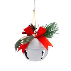 a christmas ornament hanging on a white wall with red ribbon and pine cones