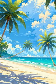 a painting of palm trees on the beach