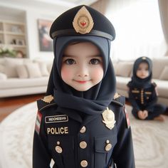 a doll dressed as a police officer in front of a living room with two dolls