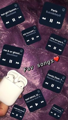 someone holding an airpods in their hand with the words fav songs on it