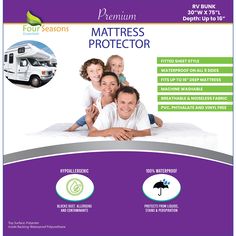 an advertisement for mattress protectors with the image of two people and a truck in the background