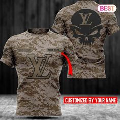 an army camo shirt with a skull on the front and back, is shown in red