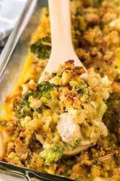 a casserole dish with chicken and broccoli in it