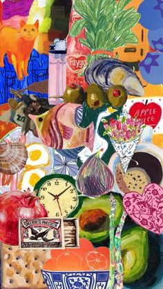 an abstract painting of fruits and vegetables with a clock in the middle, surrounded by other food items