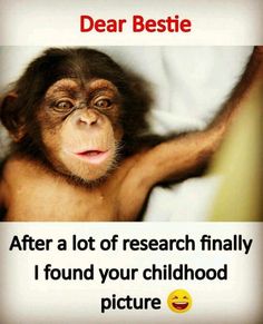 a monkey with its arms up and the caption dear bestie after a lot of research finally i found your childhood picture