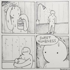 a comic strip with an image of a man in the shower, and another cartoon about how to say no tears