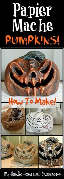 some pumpkins and other items with the words paper mache pumpkins how to make