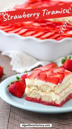 there is a piece of strawberry tirami cake on the plate with strawberries