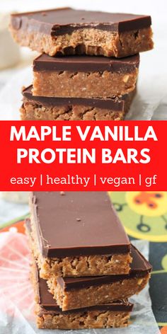 maple vanilla protein bars stacked on top of each other with text overlay that reads maple vanilla protein bars easy, healthy vegan gf