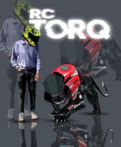 a man standing next to a motorcycle with the words rc torq written on it