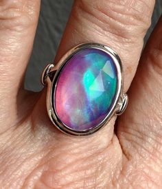 Beautiful Rainbow Aurora Opal Ring, Large Lab Created Rose Cut Doublet Opal, See Video In Natural Light! 925 Sterling Silver Ring, Rhodium Plated, Velvet Ring Box Included.  *Hand Model Has Small Hands For Reference, Ring Will Appear Smaller On Larger Hand Aurora Opal, Velvet Ring Box, Synthetic Opal, Hand Model, See Videos, Beautiful Rainbow, Opal Ring, Small Hands, Opal Rings