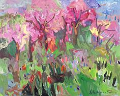 an abstract painting of pink flowers and trees