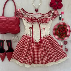 it’s holiday time ☀️ a few sneak peaks of some outfits 🌷 Cherry Print Outfit, Cute Red Outfits Aesthetic, Red Aesthetic Outfits, Cherry Inspired Outfit, Lovecore Outfits, Americana Coquette, Strawberry Coquette, Strawberry Clothing, Heart Outfit