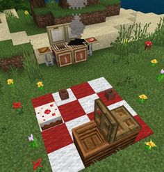 Picnic In Minecraft, Minecraft Building Ideas Picnic, Minecraft Enchantment Building Ideas, Building Ideas In Minecraft, Minecraft Aesthetic Decor, Enchantment Area Minecraft Ideas, Picnic Ideas Minecraft, Cottagecore Ideas Minecraft, Minecraft Picnic Basket