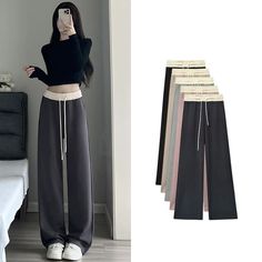 Paneled High Waist Drawstring Pocket Wide Leg Sweatpants Size S M L XL Total Length Waist Hips Thigh Hem Front Rise Back Rise 98 62-72 102 58 44 32 39 99 64-74 104 60 45 33 40 100 66-76 110 62 47 34 41 101 68-78 114 64 49 35 42 measurement is cm.Product Information Material: Polyester 50.3%, Viscose 47.5%, Elastane 2.2% Color: Black Fairycore Dresses, Dark Academia Clothes, Academia Clothes, Fairycore Clothes, Soft Girl Clothes, Comfy Sweatpants, Cottagecore Outfits, Wide Leg Sweatpants, Women's Bottoms