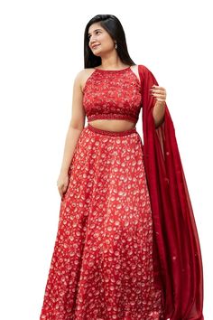 Red attached cancan lehenga with all over floral print. Paired with a padded blouse with placed hand embroidery and dupatta with mirror work hand embroidery. - Aza Fashions Floral Print Lehenga, Cancan Lehenga, Print Lehenga, Lehenga Pattern, Satin Hands, Padded Blouse, Satin Color, Mirror Work, Set For Women