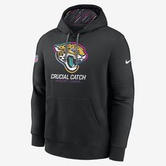 Join the NFL in a significant cause with this Jacksonville Jaguars Crucial Catch Club Crew. It features a front pocket for convenient storage on the go and the team logo in the initiative's signature multi-color design across the front. Black Hoodie With Logo For Sports Events, Black Nike Hoodie With Logo Print, Nike Black Hoodie With Logo Print, Nike Hoodie With Team Logo For Sports Events, Nike Team-colored Hoodie For Sports Events, Nike Sports Event Hoodie, Black Fan Apparel Hoodie With Logo Print, Nike Hoodie For Sports Events, Black Hoodie With Logo Print For Fans