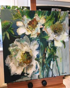 an oil painting of white flowers in a vase