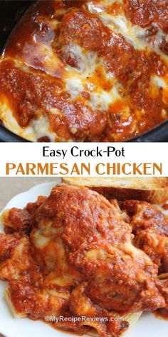 two pictures side by side with the words easy crock pot parmesan chicken