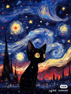 a black cat sitting in front of a night sky with stars