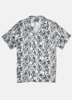 Embrace laid-back style with our men's Paparazzi Button-Up Camp Shirt. This shirt features a relaxed camp collar neckline, ideal for breezy summer days. Crafted from a lightweight woven fabric, it offers comfort and style in equal measure. Adorned with black graphics of doodled paparazzi on a white shirt, it adds a playful touch to your look. - Collared neckline Short sleeves Standard fit Button closures Lightweight feel Custom pattern Return Policy Shipping Policy Camp Shirt, Brand Story, Laid Back Style, Camping Shirt, Large White, White Shirt, Summer Days, Woven Fabric, Hoodie Shirt