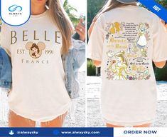 a woman wearing a t - shirt that says pelle est france and features images of beauty and the beast