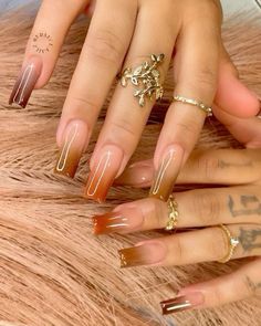 Cute Acrylic Fall Nails, Rust Brown Nails, Different Color Ombre Nails, Fun Fall Nails Acrylic, Autumn Design Nails, Caramel Nails Design, Nails With Thumb, Best Fall Acrylic Nails, Brown And Orange Nails Fall