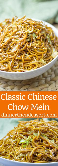 two plates filled with chow mein noodles and the words classic chinese chow mein