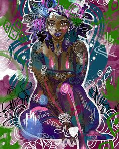 a drawing of a woman with tattoos and flowers on her head, sitting in front of an abstract background