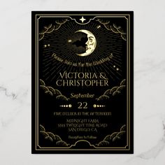 a black and gold wedding card with an image of the moon in the night sky