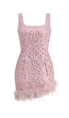 PINK FEATHER SEQUIN DRESS Pink Glamorous Formal Sequin Dress, Pink Sequin Dress For Party Season, Chic Sequin Dress With Feather Trim For Party, Chic Pink Evening Dress With Sequins, Pink Fitted Sequin Dress For Evening, Chic Sequin Dress With Feather Trim For Cocktail, Glamorous Sleeveless Evening Dress With Feathers, Fitted Evening Dress With Feather Trim For Night Out, Sleeveless Feather Evening Dress For Party