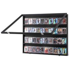 a display case with multiple pictures on the front and back sides, hanging from a metal bar