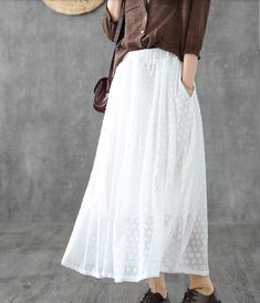 Double layer Casual Cotton Linen  loose fitting Women's Skirts White Non-stretch Beach Skirt, White Flowy Skirt With Pockets, White Maxi Skirt With Pockets For Summer, White Non-stretch Lined Skirt, Casual White Non-stretch Maxi Skirt, Relaxed White Skirt With Elastic Waistband, Casual White Skirt With Elastic Waistband, White Relaxed Casual Maxi Skirt, White Long Casual Skirt