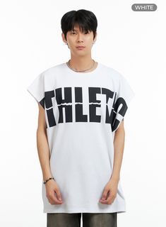 Product Detail Style : Street Occasion : Back to school Type : Men Print : Lettering Material : Cotton, Polyester Sleeve : Sleeveless Neck : Round neck Fit : Oversize fit Cotton80 Polyester20 Color : White, Black Made in Korea Model Size Model is wearing size M/L and the color White. Height : 6'0" | 184cm / Top : L / Bottom : XL (32 inch) .prddescription table, .prddescription td, .prddescription th { border : 1px solid black; border-collapse : collapse; padding: 10px; } Size(Inch) Size Shoulder Sleeveless Text Print T-shirt For Summer, Sporty Sleeveless T-shirt With Letter Print, Crew Neck Tank Top For Streetwear, Cotton Muscle Tee With Graphic Print In Athleisure Style, Cotton Muscle Tee With Graphic Print For Athleisure, Cotton Athleisure Muscle Tee With Graphic Print, Athleisure Crew Neck Graphic Print Muscle Tee, Athleisure Muscle Tee With Graphic Print Crew Neck, White Cotton Muscle Tee Athleisure