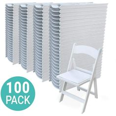 a stack of white folding chairs next to each other with the words 100 pack on it