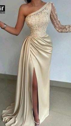 Soiree Dresses 2024, Banquette Dress, Aline Gown, Champagne Prom Dresses, Bridesmaid Dresses Satin, One Shoulder Bridesmaid Dresses, One Shoulder Bridesmaid, Floor Length Prom Dresses, Long Sleeve Prom