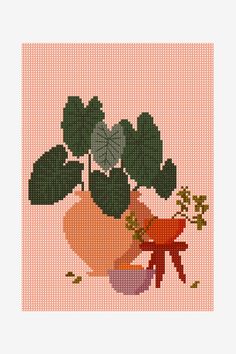 a cross - stitch pattern of a potted plant with green leaves and a red bow