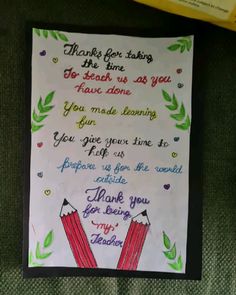 a handmade thank card with two pencils on it and the words thank you for being my teacher