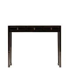 a black console table with three drawers on one side and two smaller drawers on the other