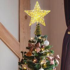 a small christmas tree decorated with lights and ornaments