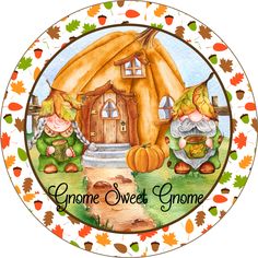 a plate with an image of two gnomes in front of a house and pumpkins