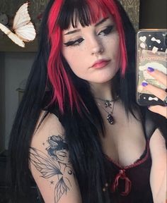 Goth Split Dye, Pink Egirl Hair, Red Egirl Hair, Egirl Hair Bangs, Black And Pink Hair Bangs, Black Hair With Dyed Bangs, Red And Purple Split Dye, Pink And Black Hair With Bangs, Red Hair Black Bangs