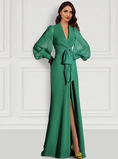 A-Line Evening Gown Party Dress Elegant Dress Formal Fall Sweep / Brush Train Long Sleeve Jewel Neck Stretch Chiffon with Ruffles Slit 2024 2024 - $133.99