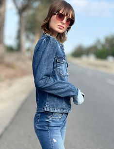 Ok, there isn't a cuter, sexier, more statement denim jacket out there—the Cuffed Denim Jacket by Wash Lab rises above all! Super-flattering 70's inspired cut, with turned up, frayed-hem cuffs. Too cool! The model is 5'7" wearing a size small Fabric: 95% Cotton 4% Polyester 1% Spandex Chic Denim Blue Jacket For Day Out, Trendy Denim Jacket For Day Out, Chic Winter Medium Wash Denim Jacket, Trendy Denim Blue Jacket For Day Out, Trendy Fitted Denim Top For Fall, Fitted Denim Jacket For Day Out, Fitted Long Sleeve Denim Jacket For Day Out, Trendy Medium Wash Denim Jacket For Day Out, Chic Dark Wash Denim Jacket For Day Out