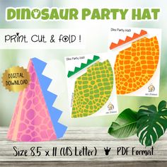 the dinosaur party hat is made from paper and has different colors, sizes and patterns