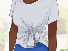 a woman wearing a white shirt and blue skirt