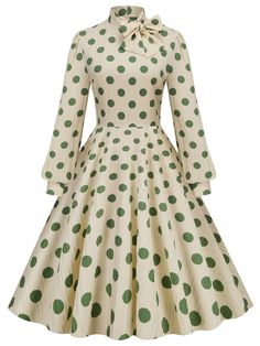 1950s Polka Dots Bowknot Swing Dress – Retro Stage - Chic Vintage Dresses and Accessories White Retro Dress For Fall, Retro Beige A-line Dress, Vintage Polka Dot Long Sleeve Dresses, Vintage Long Sleeve Polka Dot Dress, Retro Pleated Dress For Fall, Retro Beige Long Sleeve Dress, Vintage Long Sleeve Pleated Dress, Fitted Polka Dot Dress For Winter, Strech Dresses